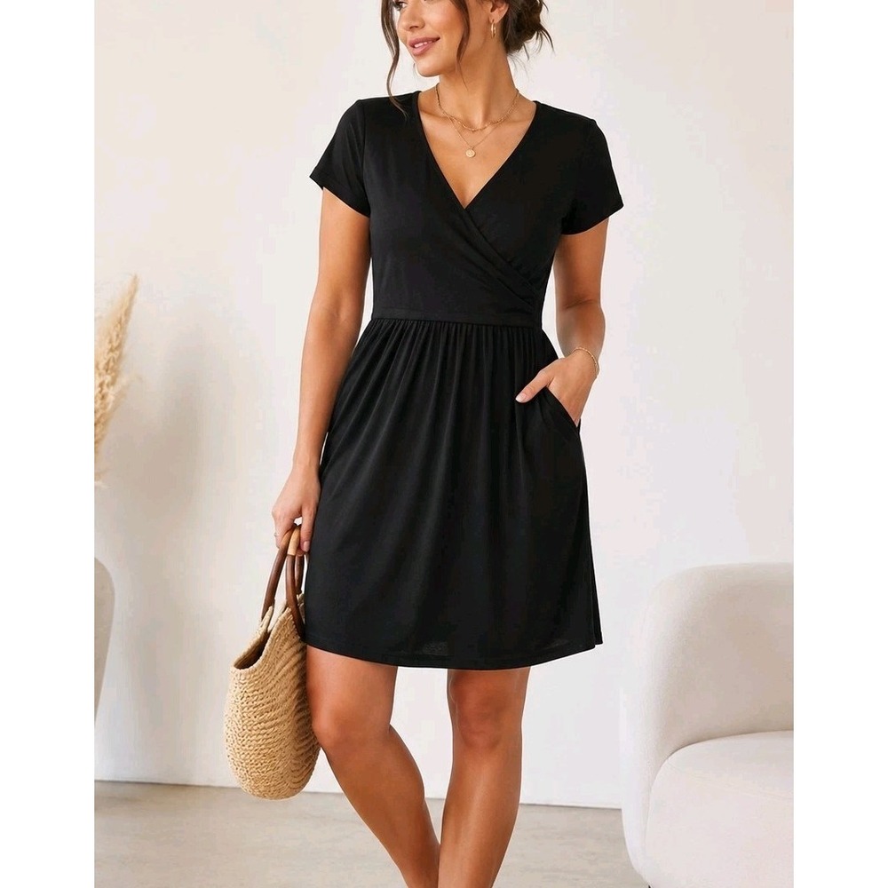 OUGES Women's Black Wrap Dress Size Small Short Sleeve Stretch NWT Casual